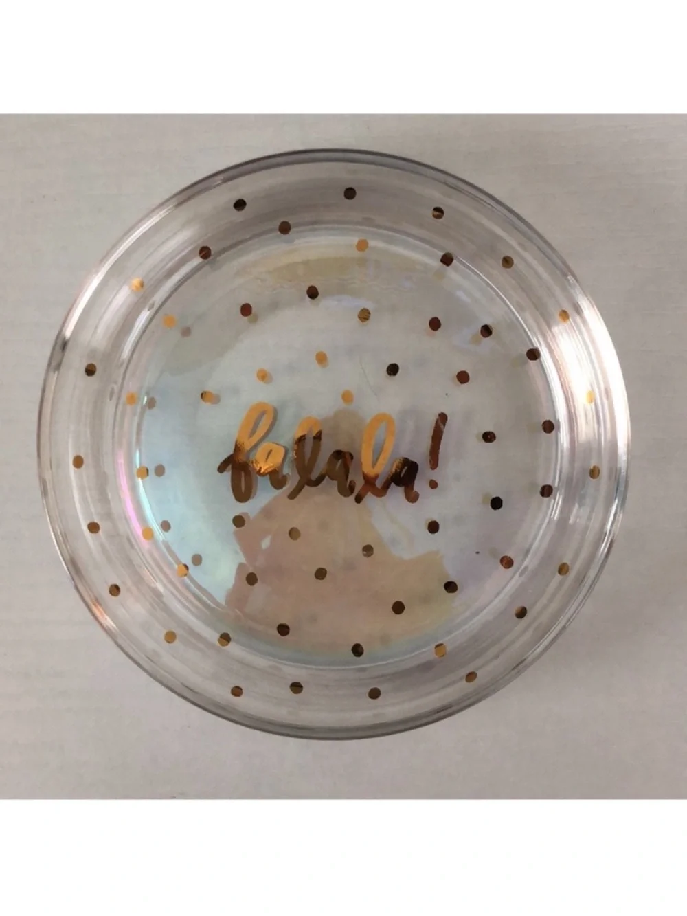 'Fa La La!' Round Iridescent Glass Trinket Dish Gold Polka Dots & Lettering 5”